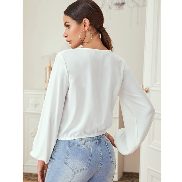 White Surplice Bishop Sleeve V-Neck Blouse - Picture 4 of 6